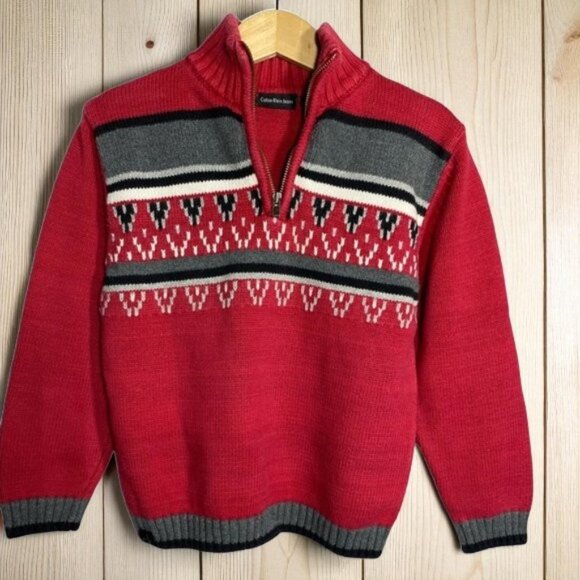 Calvin Klein Jeans Red Gray Striped Quarter-zip Pullover Knit Sweater size 4 - Picture 2 of 10